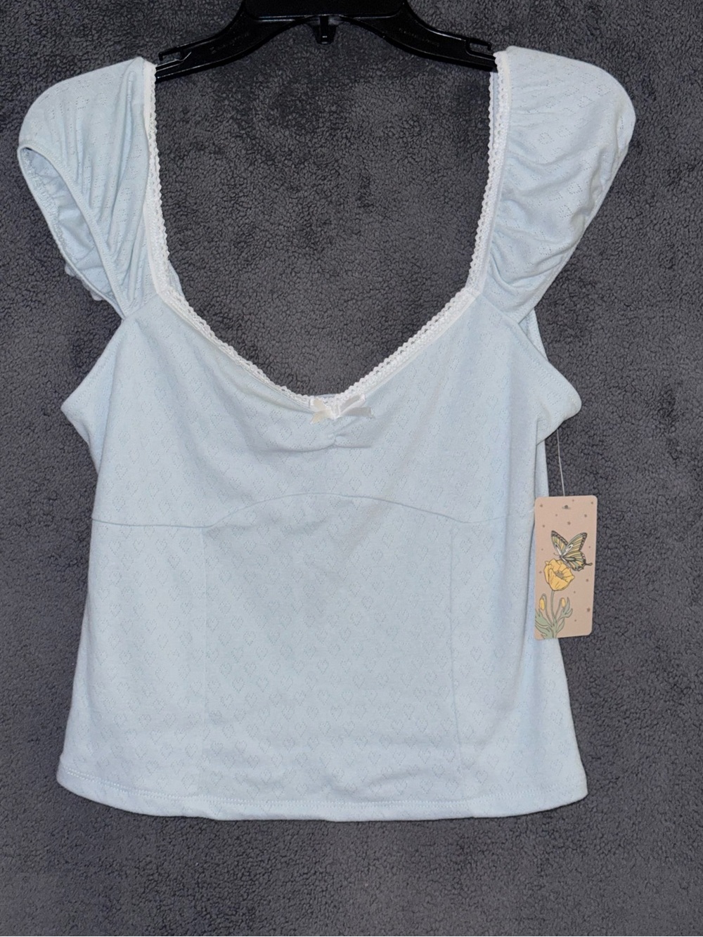 NWT Persaya Powder Blue Heart Eyelet Knit Top Size Large (Juniors)